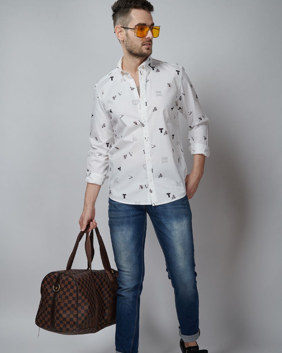 white color alphabate Printed Casual Wear Shirt
