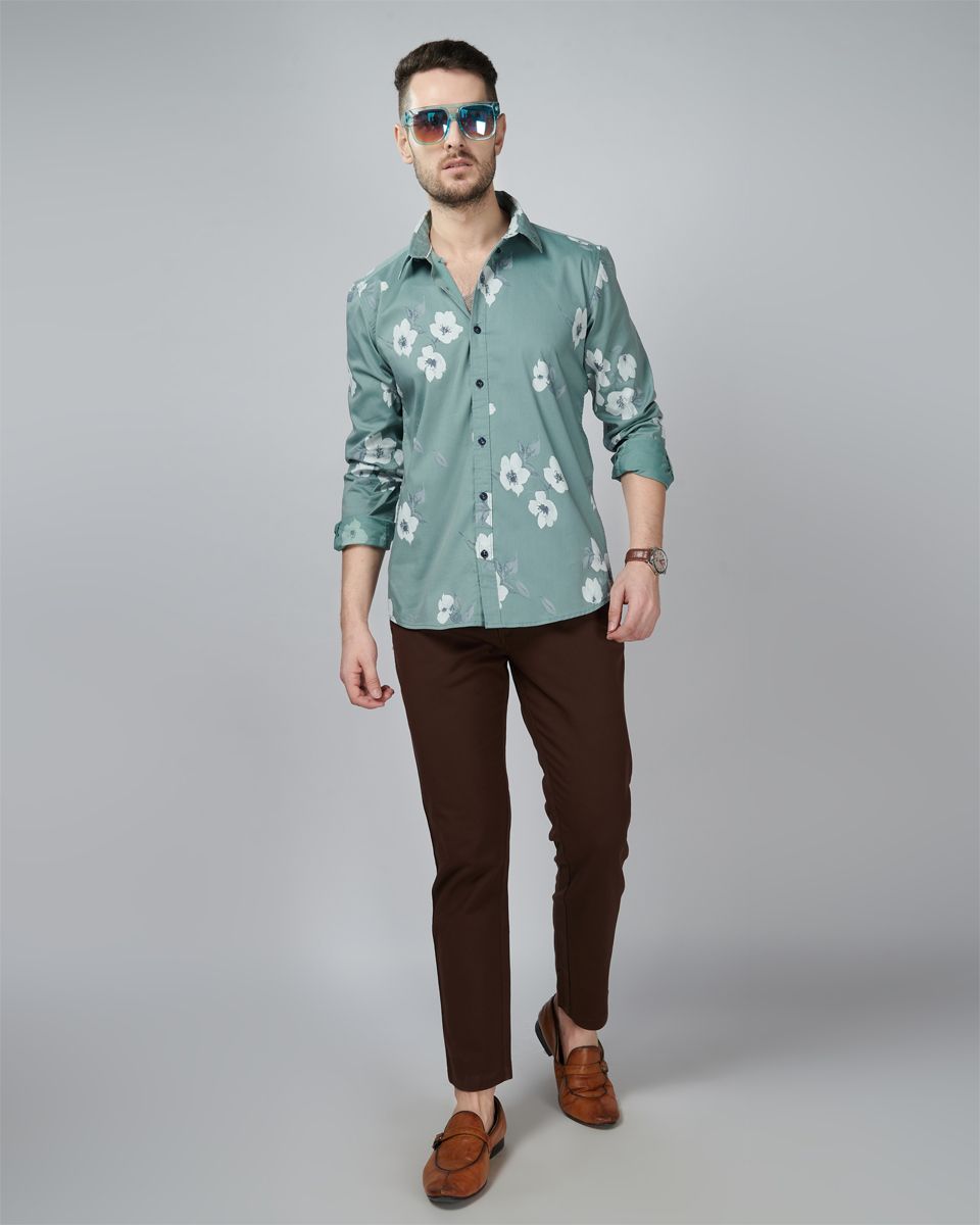 olive color Flower Printed Casual Wear Shirt