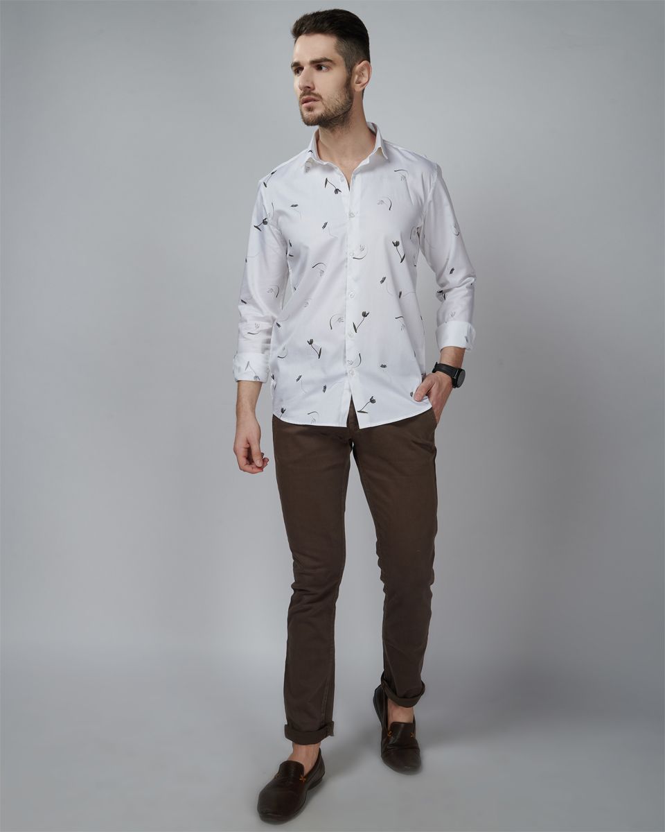 White Color Leaf Printed Casual Shirt